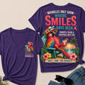 Wrinkles Only Show Where Smiles Have Been Funny Retirement V-Neck Tee For Women – Tropical Parrot Beach Vacation Graphic V-Neck Tee