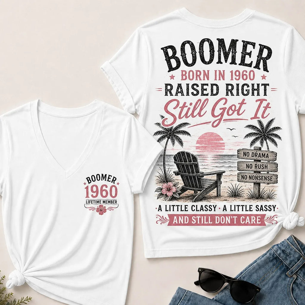 Custom Year Boomer – Born in 1960. Raised Right. Still Got It. V-Neck Tee