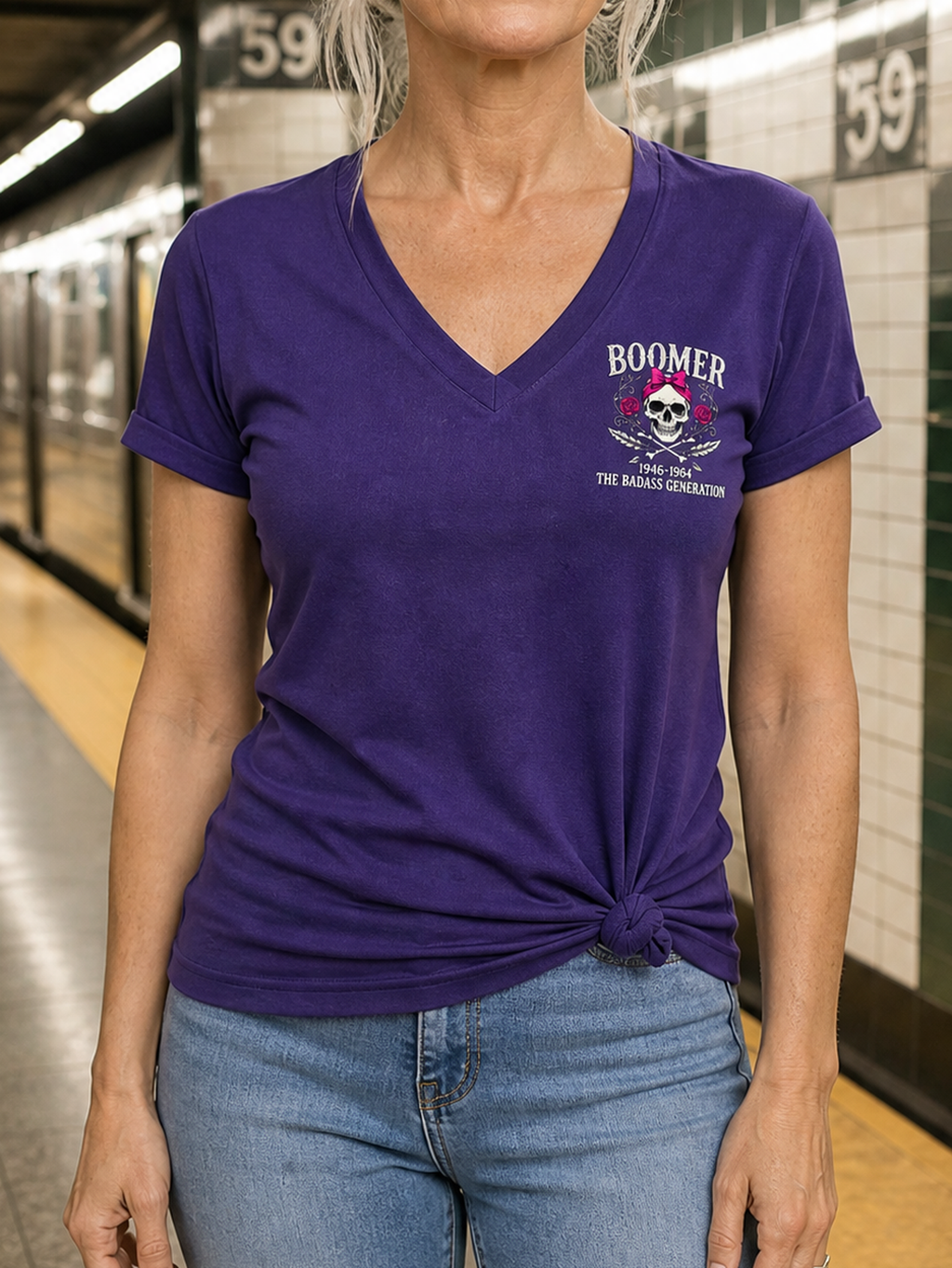 Boomer Not Old, Just Well Seasoned – Still Kicking Ass Women’s V-Neck Tee