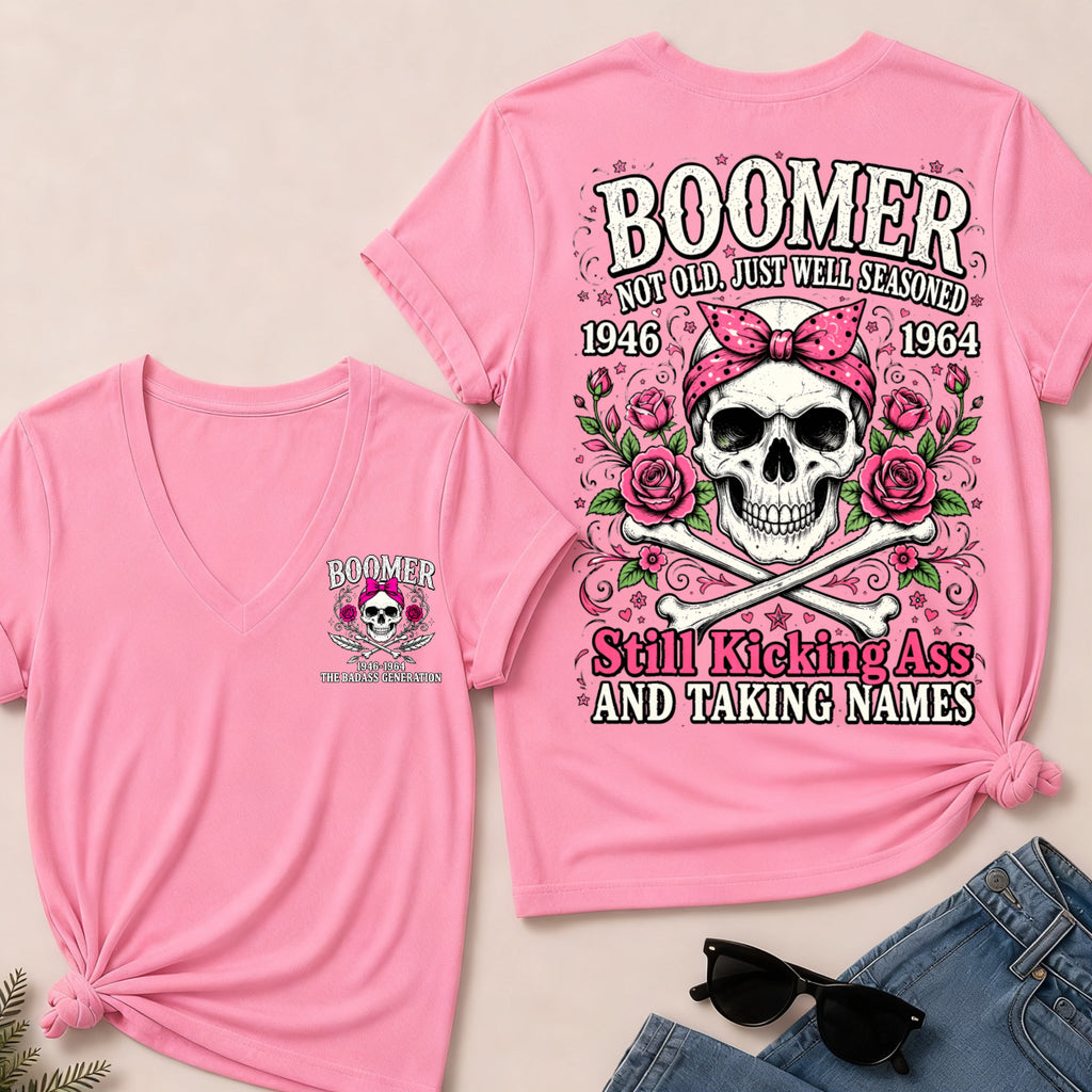 Boomer Not Old, Just Well Seasoned – Still Kicking Ass Women’s V-Neck Tee