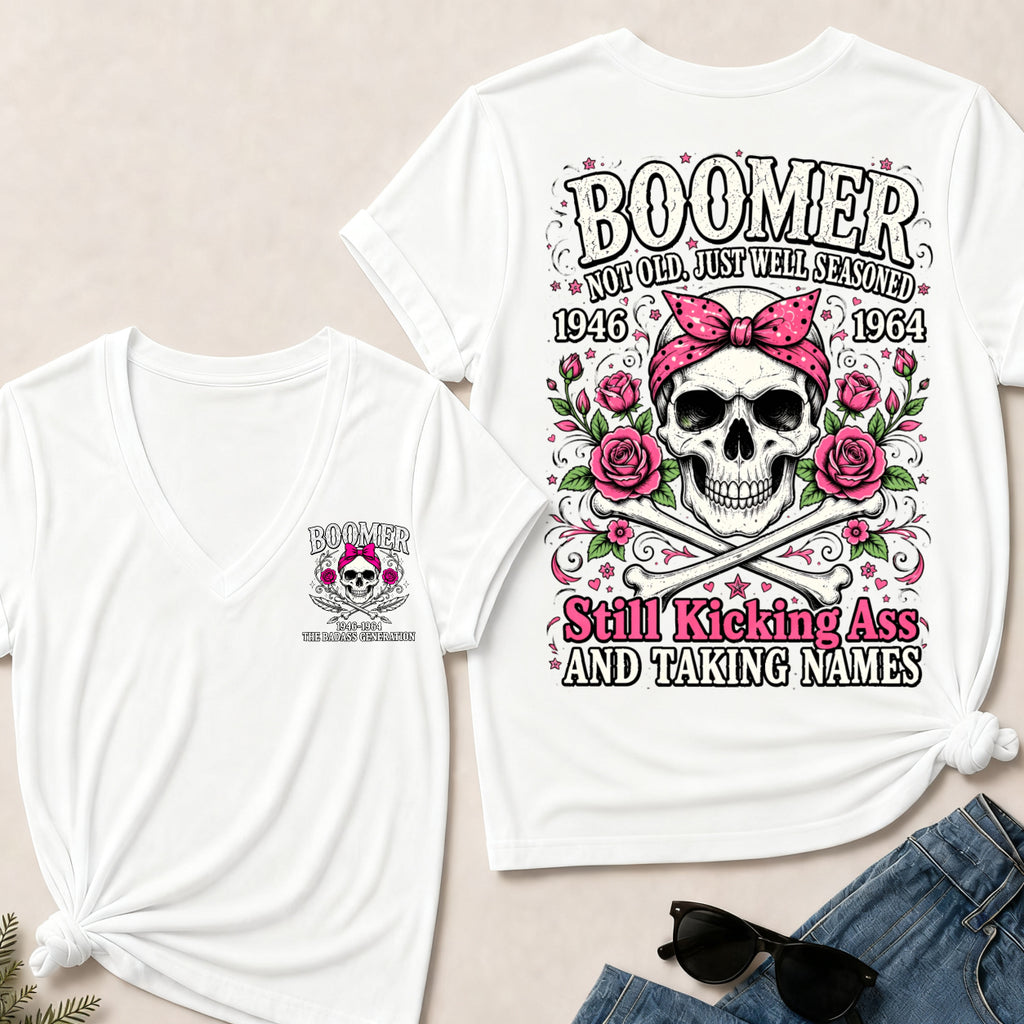 Boomer Not Old, Just Well Seasoned – Still Kicking Ass Women’s V-Neck Tee